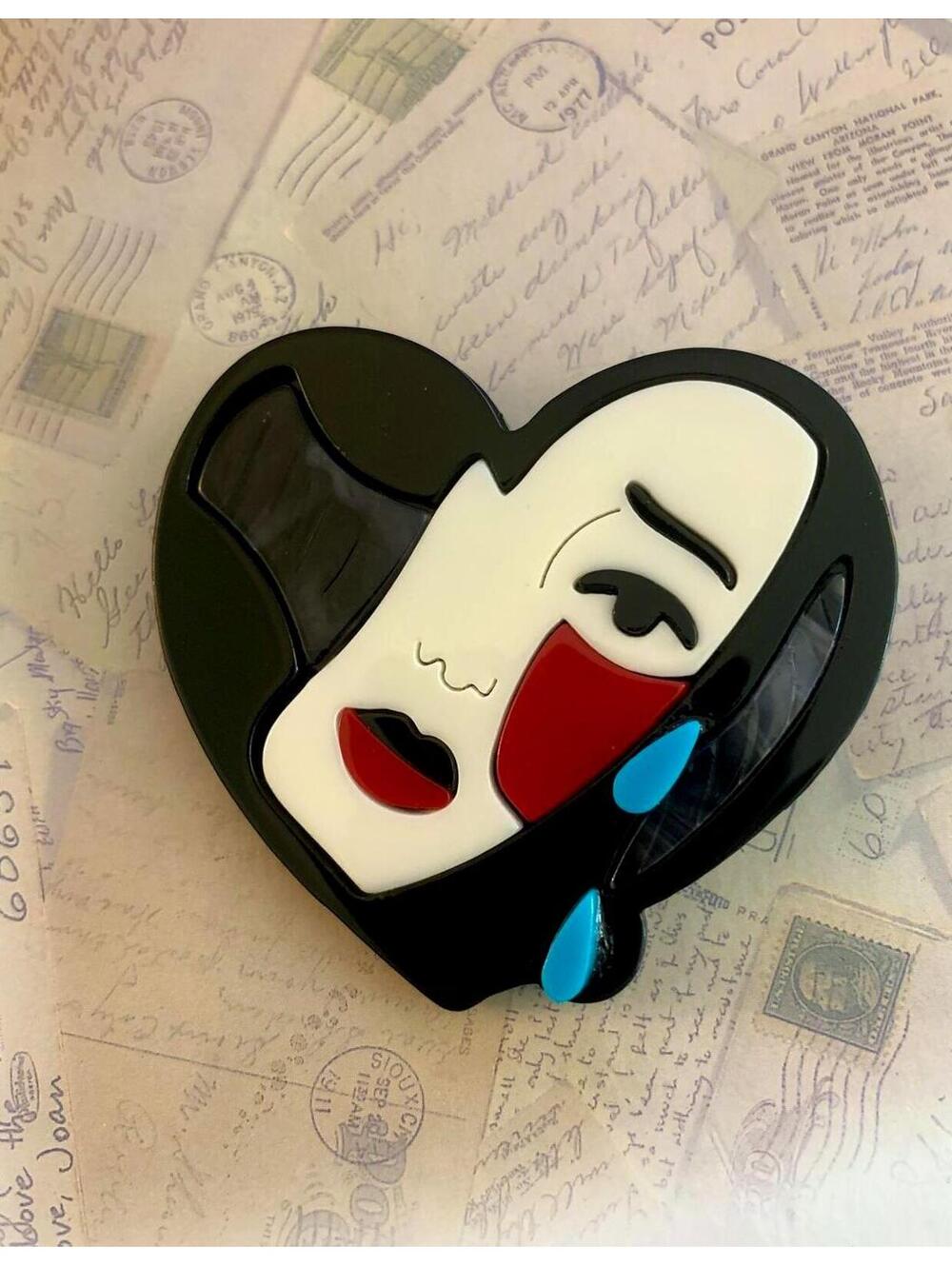 Surrealist Layered Melancholic Acrylic Weeping Portrait Heart Silhouette Jewelry